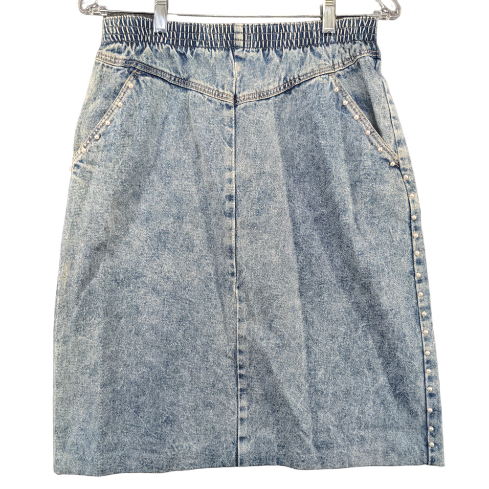 Bedford Fair Womens Denim Skirt Blue Size 10 Cotton Slash Pockets Made USA